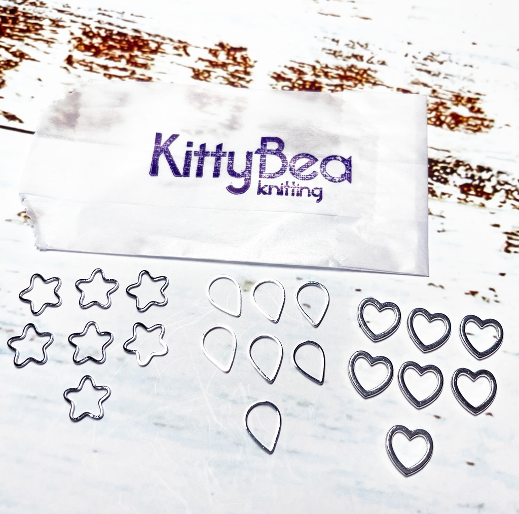 KittyBea Knitting Metal Stitch Markers Heart Teardrop Flower Star Silv